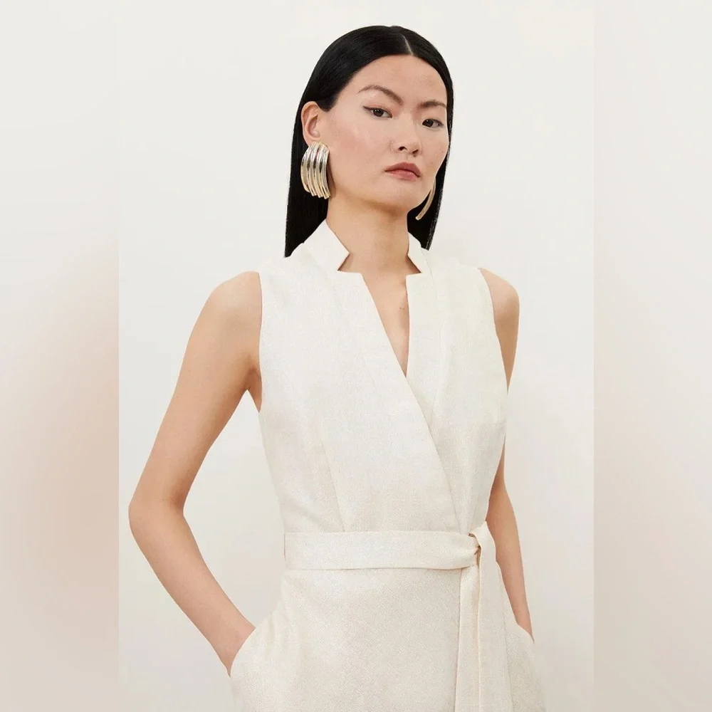 KAREN MILLEN Tailored Linen Metallic Notch Neck Maxi Dress - Picture 6 of 7